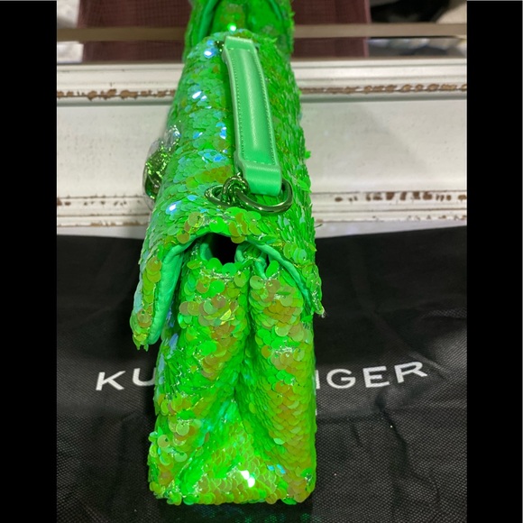NWT KURT GEIGER LONDON Kensington Lime Green Sequins Quilted Crossbody Bag - Picture 5 of 10